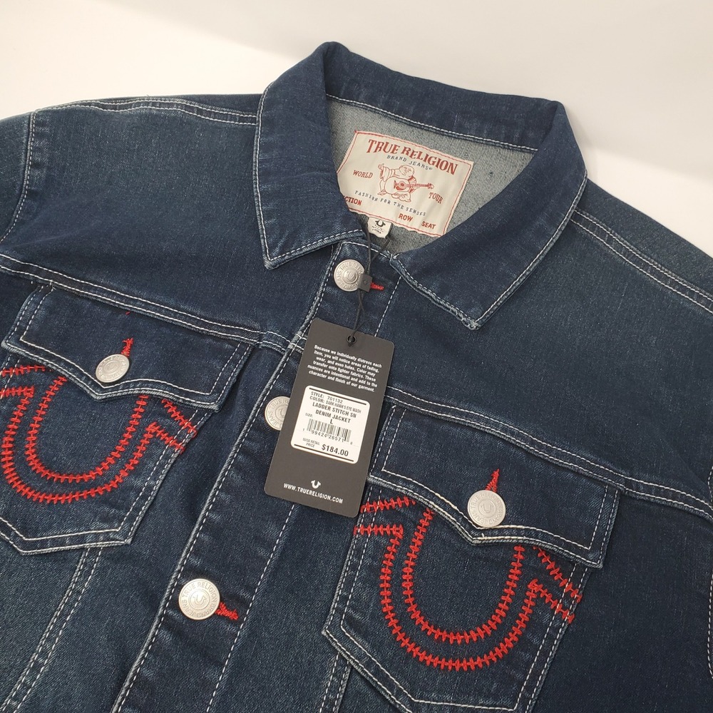 True Religion Denim Jacket Mens L 701132 Dark Hawk's Eye Ladder Stitch NEW